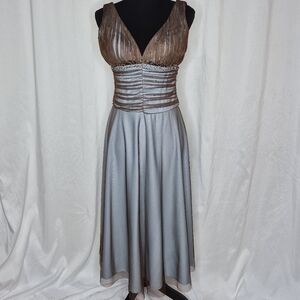 JS Boutique Light Blue w/ Brown Beaded Mesh Overlay V-Neckline Dress - Size 4